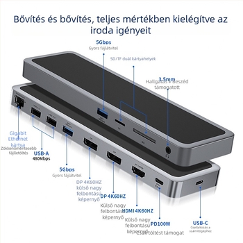 12 az 1-ben USB-C dokkoló állomás laptopokhoz, USB-C csatlakozás, 5 Gbps adatátvitel, 1 m kábel, modell YME-12, külső tápegység nélkül