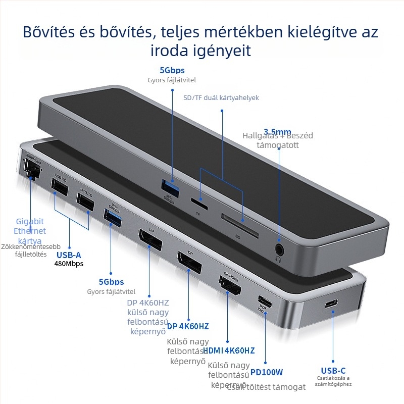 12 az 1-ben USB-C dokkoló állomás laptopokhoz, USB-C csatlakozás, 5 Gbps adatátvitel, 1 m kábel, modell YME-12, külső tápegység nélkül