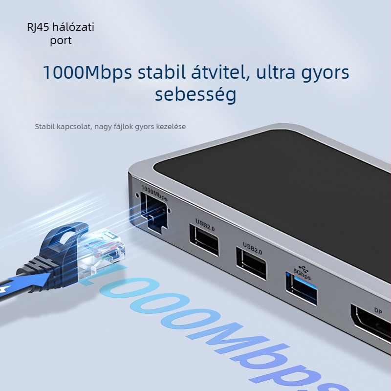 12 az 1-ben USB-C dokkoló állomás laptopokhoz, USB-C csatlakozás, 5 Gbps adatátvitel, 1 m kábel, modell YME-12, külső tápegység nélkül