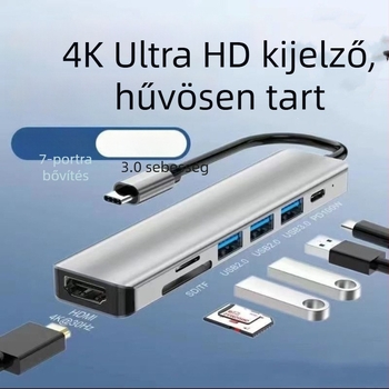 Type-C 7-in-1 dokkoló SD/TF olvasóval és USB 3.0 hubbal, 5 Gbps