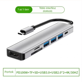 Type-C 7-in-1 dokkoló SD/TF olvasóval és USB 3.0 hubbal, 5 Gbps