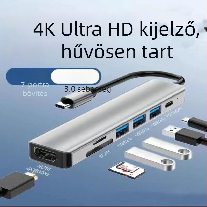 Type-C 7-in-1 dokkoló SD/TF olvasóval és USB 3.0 hubbal, 5 Gbps