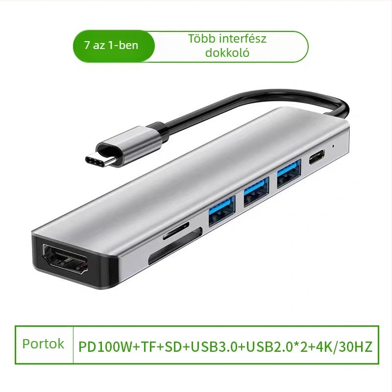Type-C 7-in-1 dokkoló SD/TF olvasóval és USB 3.0 hubbal, 5 Gbps
