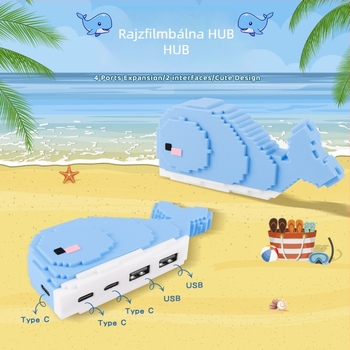 Whale USB 2.0 3-portos hub, asztali dekoráció, 25 cm kábel, USB-ről táplált