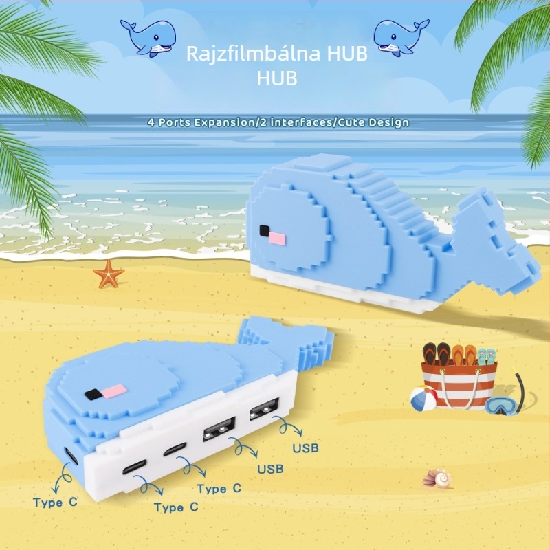 Whale USB 2.0 3-portos hub, asztali dekoráció, 25 cm kábel, USB-ről táplált