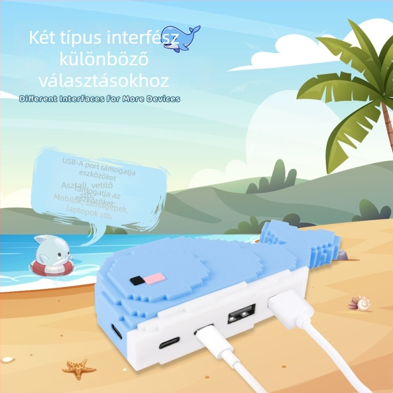 Whale USB 2.0 3-portos hub, asztali dekoráció, 25 cm kábel, USB-ről táplált