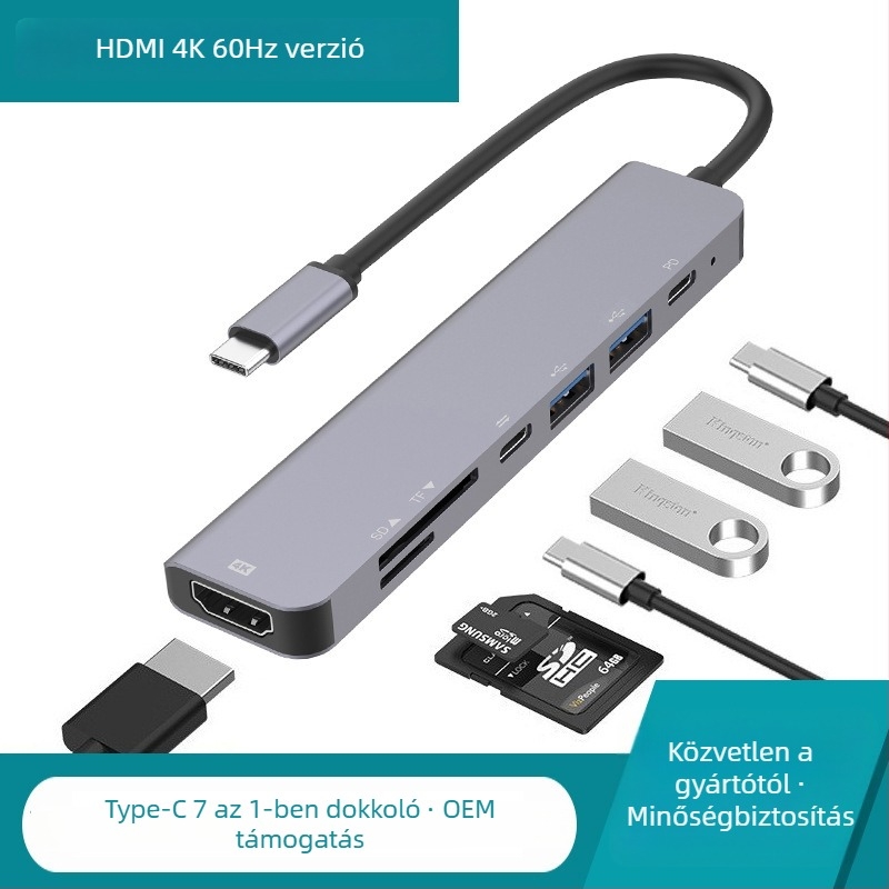 7-in-1 USB-C dokkolóállomás HDMI 4K60Hz, 10Gbps átviteli sebesség, külső tápegység, kompatibilis Apple és Huawei