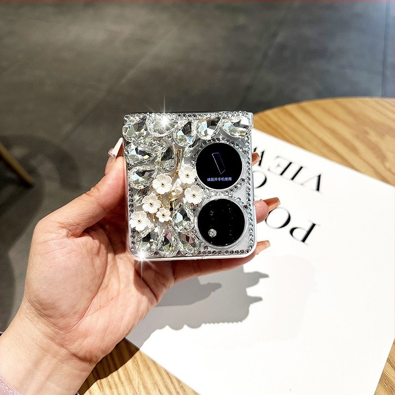 Huawei Pocket2 telefonhoz szív alakú tükrös védőtok, összecsukható luxus rhinestone virág díszítéssel