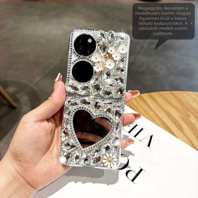 Huawei Pocket2 telefonhoz szív alakú tükrös védőtok, összecsukható luxus rhinestone virág díszítéssel