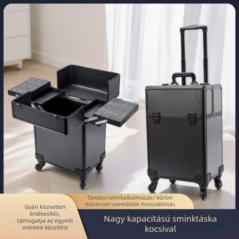 ABS nagy kapacitású smink- és eszköztároló tok húzórúddal, univerzális kerekek, zárható