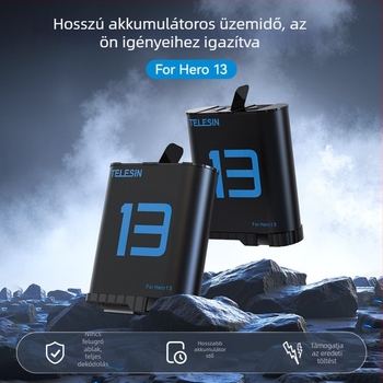 GP13 dupla ívű akkumulátor GoPro HERO13-höz — hosszú élettartamú LiPo akkumulátor, modell GP13, termékkód S0-btr-06-tgp, márka: Telesin
