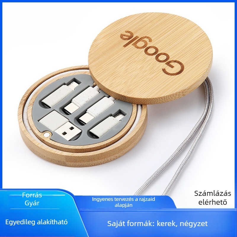 Kerek utazó kábel-tároló doboz bambusz- és fából, 60W gyors töltésű többfejű kábel (Lightning, USB-C, Micro USB), max. 3A