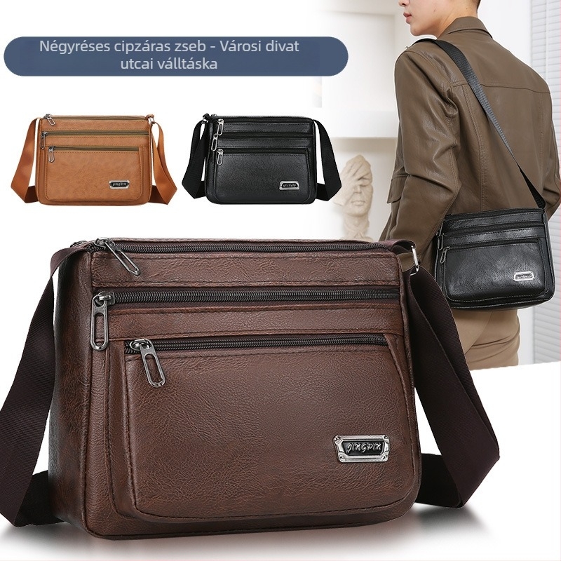 PU bőrből készült férfi válltáska, vízszintes kivitel, crossbody, üzleti utakhoz, cipzár, ID zseb, egy vállpánt