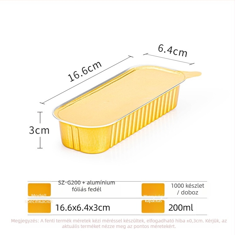 Egyszer használatos alumíniumfóliából készült téglalap alakú sütőedény, vastított, légkeveréshez – Saizhuo márkával; Anyag: alumínium fólia; Csomagolás: 1000 db; Eredet: Guangdong