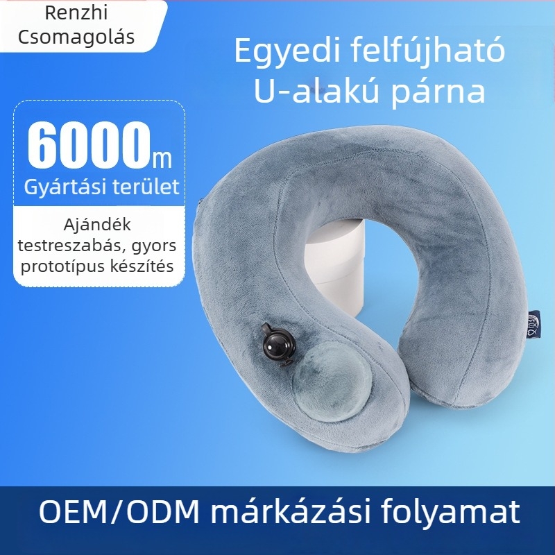 Ai reward me Személyre szabott logóval felfújható U- alakú nyakpárna - utazási pihenőpárna, levegővel töltve, kristályos velúr mag, súly alatt 0,5 kg