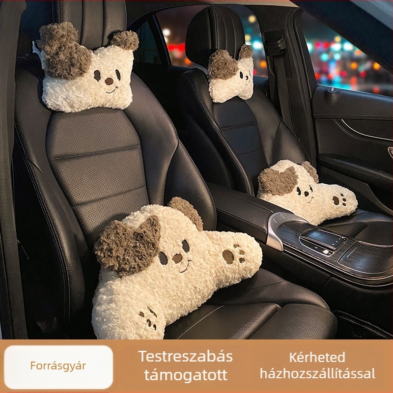 Autófejtámla nyakpárna, kölyökkutya mintával, műplüss anyag, töltet szintetikus szál, univerzális autóhoz
