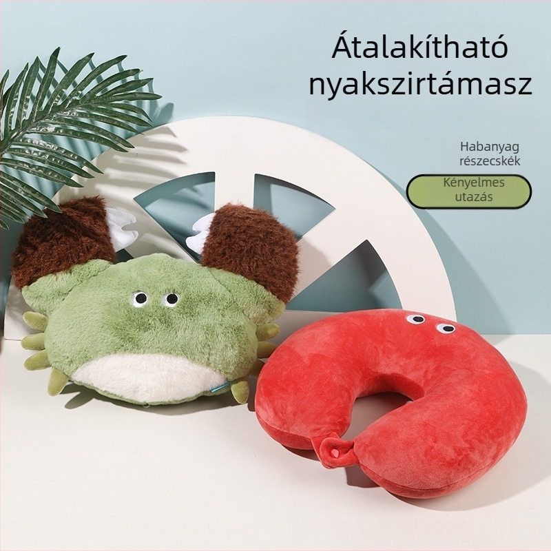 Rák mintázatú U-alakú nyakpárna, kétfunkciós kialakítás, hab részecske töltet, plüss anyag, rajzfilm stílus