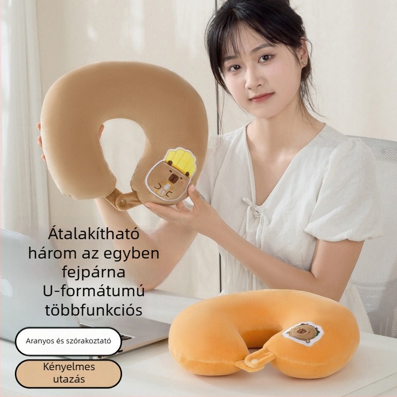 Capibara témájú U-alakú nyakpárna, kettős használatú párna irodai szundikáláshoz, töltet: habos szemcsék, anyag: spandex szuper puha, stílus: rajzfilm, logónyomtatás elérhető
