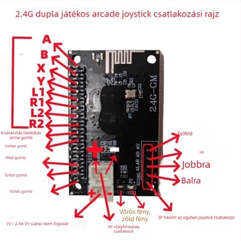 Arcade joystick PCB 2.4G vezeték nélküli, USB interfész, FR4 anyag, modell 2.4G-10, 2 játékos