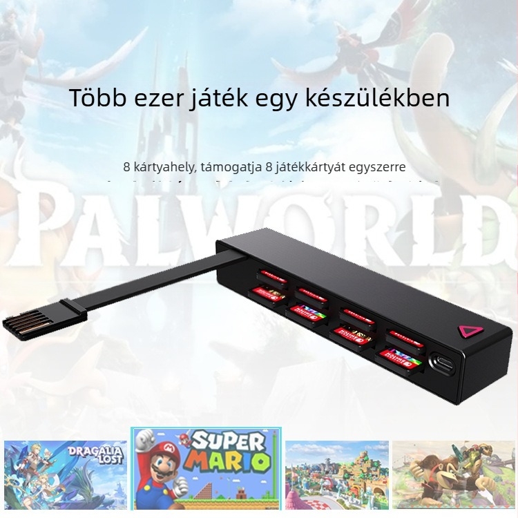 Nintendo Switch 1. generációs kartridges tároló tok 8 rekeszzel, USB-C töltőkábel