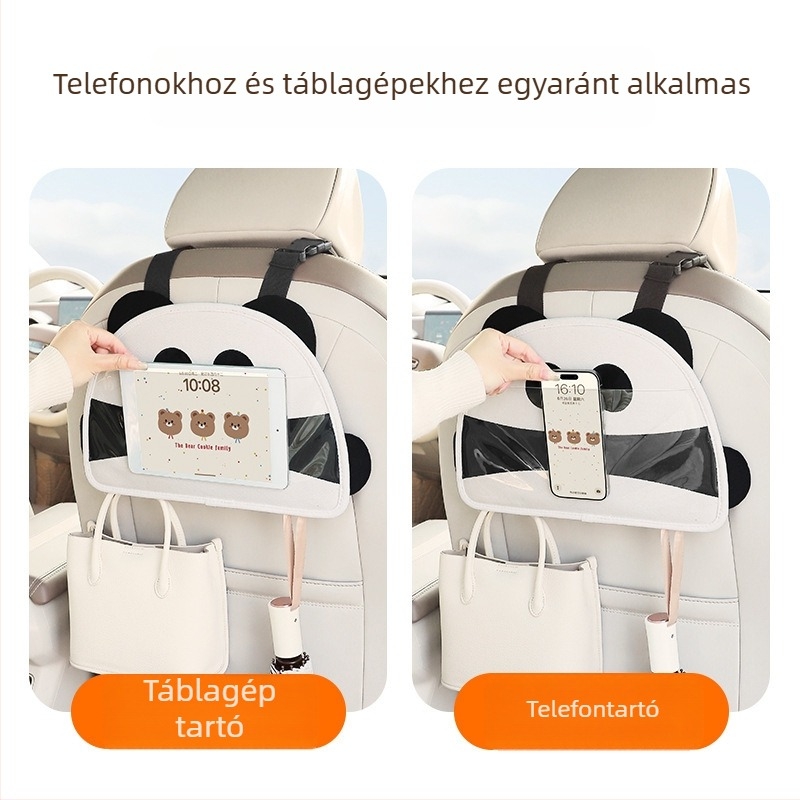Hátsó ülésre tervezett multifunkcionális iPad/tablet tartó, állítható zsebbel, érintőképernyő‑támogatás és autótelefon‑tartó