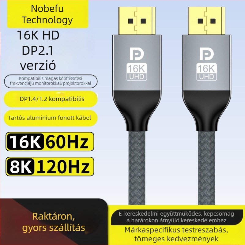 DP–DP kábel 2.1 verzió, 16K60Hz gaming HD videó, 8K120Hz/4K240Hz magas frissítési frekvencia, DP1.4/1.2 kompatibilis, 3 m