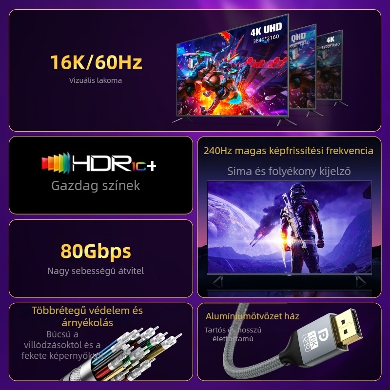 DP–DP kábel 2.1 verzió, 16K60Hz gaming HD videó, 8K120Hz/4K240Hz magas frissítési frekvencia, DP1.4/1.2 kompatibilis, 3 m