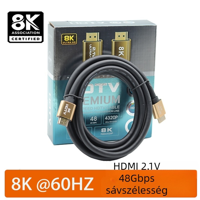 HDMI 2.1 kábel aranyozott csatlakozókkal, réz vezetőkkel, támogatja a 8K60Hz-t és a 4K120Hz-et