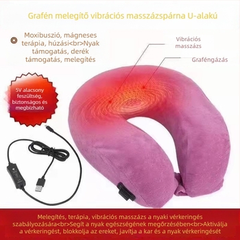 U alakú nyakpárna USB fűtéses masszírozóval, rezgéssel és időzített fűtéssel, szénszálas fűtéssel; töltet: memória gyapot; párna magja: kémiai rost