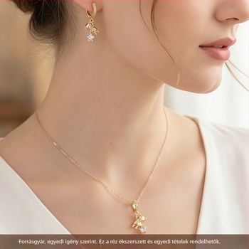 Ékszerszett: fülbevaló és nyaklánc kis medve motívummal, sárgaréz inlay cirkóniummal, O-formájú lánc, réz medál