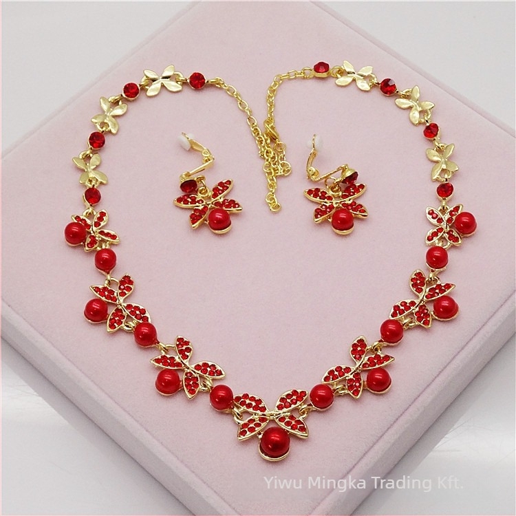 Két darabos esküvői ékszer-készlet: pillangó motívumú nyaklánc és fülbevaló, ötvözet, bambusz lánc, női stílus, új kínai stílus