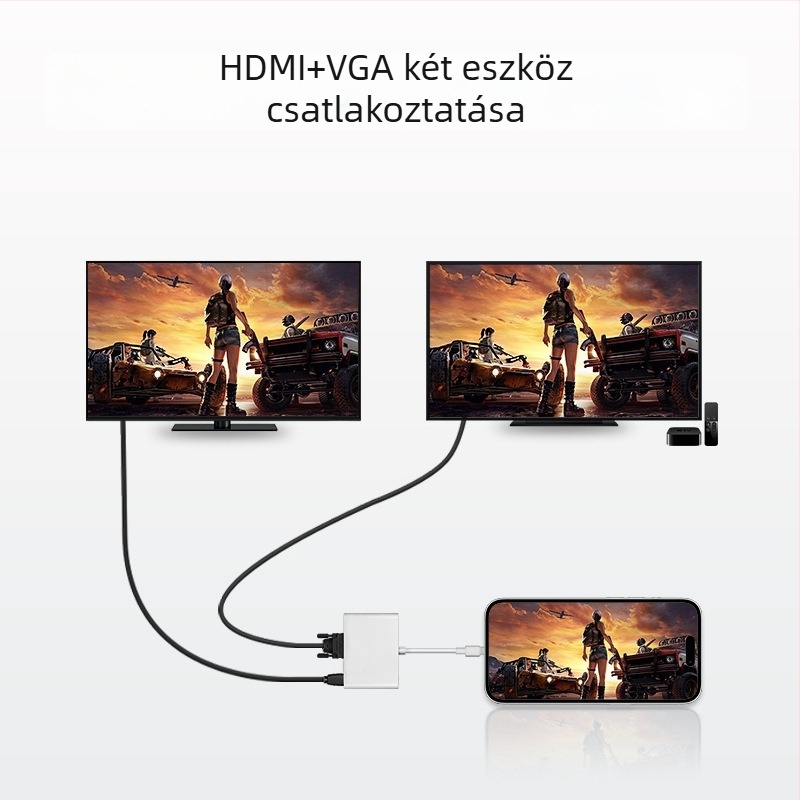 Telefon–TV HDMI/VGA tükröző konverter hangkimenettel, 0,2 m kábel, ezüstözött csatlakozók