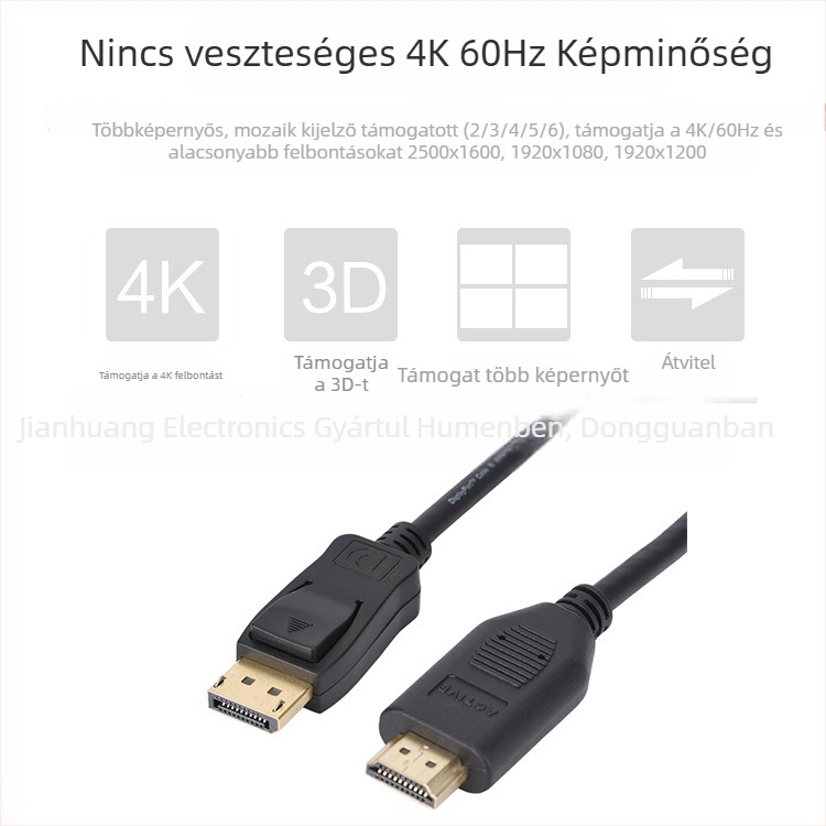 DP1.2–HDMI 2.0 aktív adapterkábel, 1,8 m, HDMI interfész, réz vezető, PVC burkolat