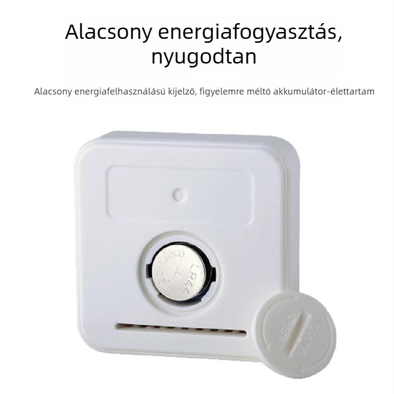 Belső használatra szánt hőmérséklet- és páratartalom-mérő mosolygó arccal, felbontás 0.1, hőmérséklet-hiba ±1°C, páratartalom-hiba ±5% RH, LR44 elem