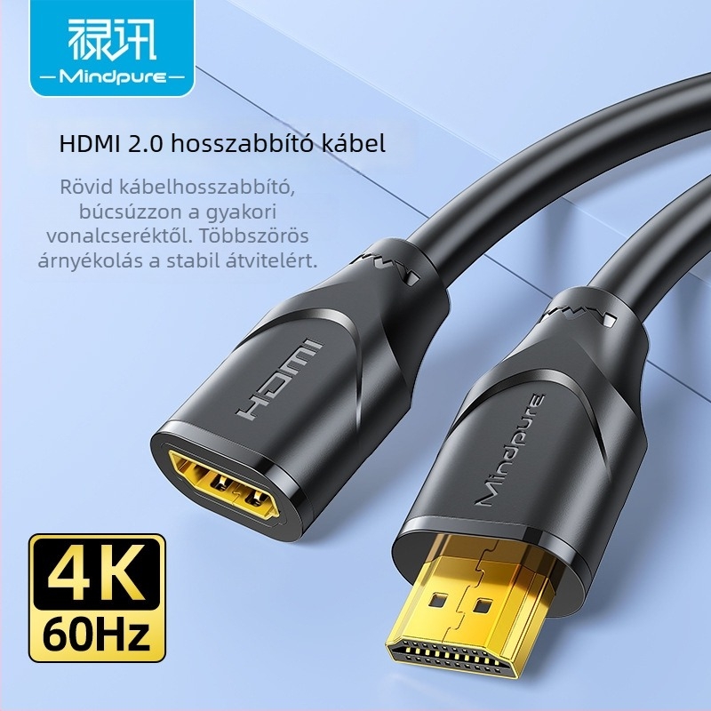 HDMI hosszabbító kábel, férfi–női csatlakozás, HDMI 2.0, 4K60Hz, 18Gbps, oxigénmentes réz és aranyozott érintkezők