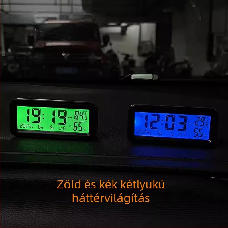 Napelemes digitális hőmérséklet- és páratartalommérő autó és otthon használatra, világító órával, ABS házzal