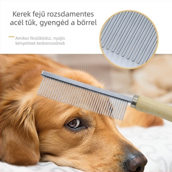 Macska fésű fa fogantyúval, egy- és kétsoros fogak, magas és alacsony fogak (fa + rozsdamentes acél)