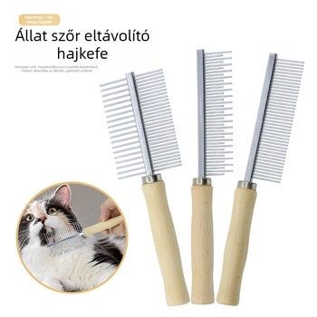 Macska fésű fa fogantyúval, egy- és kétsoros fogak, magas és alacsony fogak (fa + rozsdamentes acél)