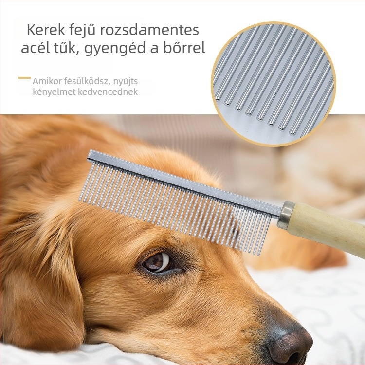 Macska fésű fa fogantyúval, egy- és kétsoros fogak, magas és alacsony fogak (fa + rozsdamentes acél)