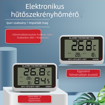 Elektronikus hőmérséklet- és páratartalom-mérő riasztóval és mágnessel hűtőszekrényhez/fagyasztóhoz, -50–70 °C, pontosság ±1 °C, méretek 62×60×17 mm, LR44/AG13