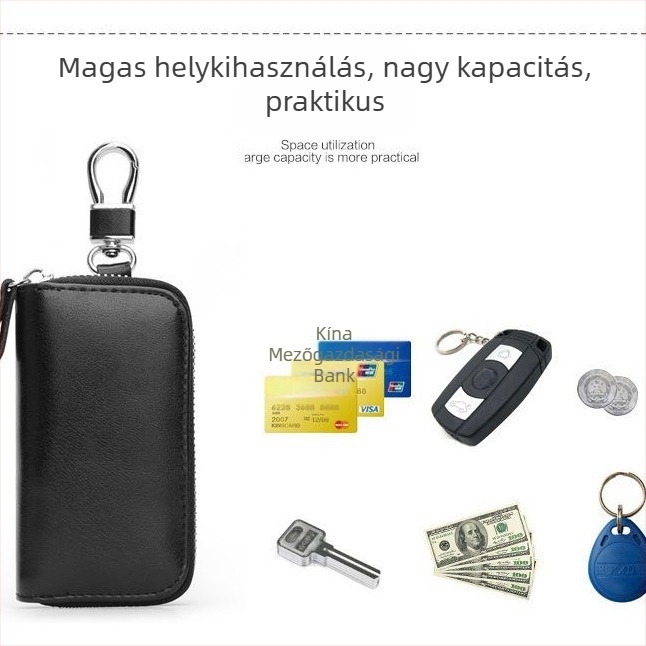 Kulcstartó táska nagy kapacitású, PU anyagú, cipzár, uniszex derékhoz rögzíthető, többfunkciós otthoni kulcs-szervező