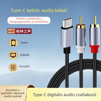 Type-C–to–dupla RCA audio kábel, aranyozott, rézmag, szabad rézdrót