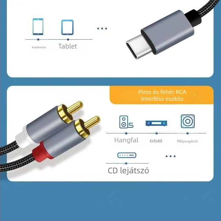Type-C–to–dupla RCA audio kábel, aranyozott, rézmag, szabad rézdrót