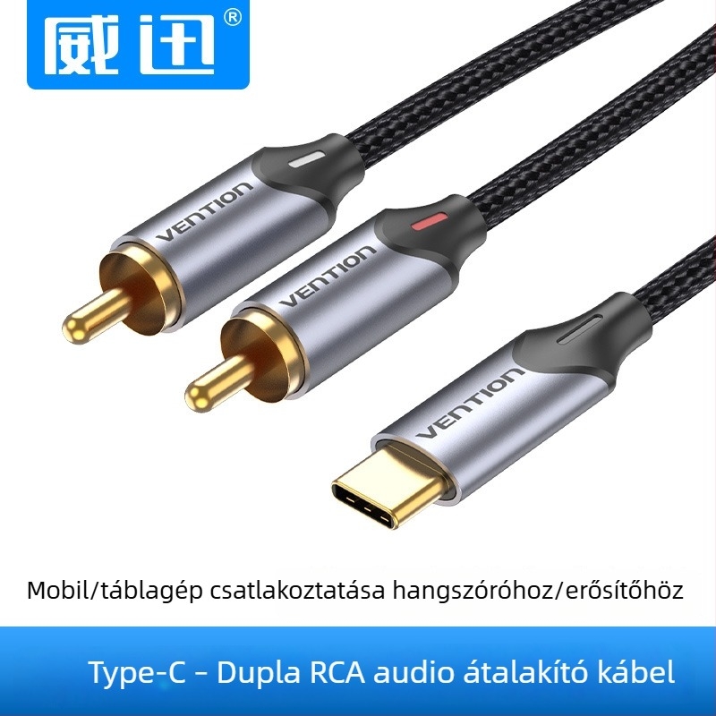 Weixun BGU sorozat USB-C-hez vezető kettős RCA audiókábel pamut hálóval és ház alumíniumötvözetből, szürke, hossza 0.5–3 m