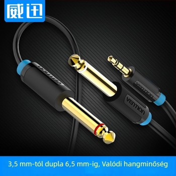3,5 mm-es audiokábel két 6,35 mm-es csatlakozóhoz, aranyozott felület, ónosított rézmag, ROHS tanúsítvány