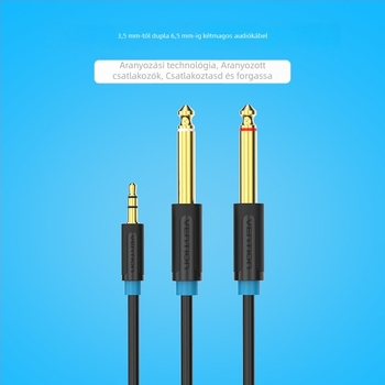 3,5 mm-es audiokábel két 6,35 mm-es csatlakozóhoz, aranyozott felület, ónosított rézmag, ROHS tanúsítvány