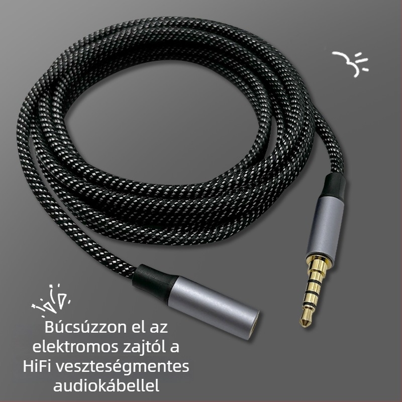 AUX autó audio kábel, 3,5 mm férfi–női, 4 gyűrűs, aranyozott bevonat