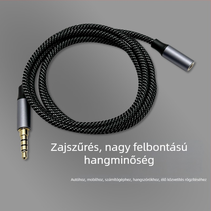 AUX autó audio kábel, 3,5 mm férfi–női, 4 gyűrűs, aranyozott bevonat