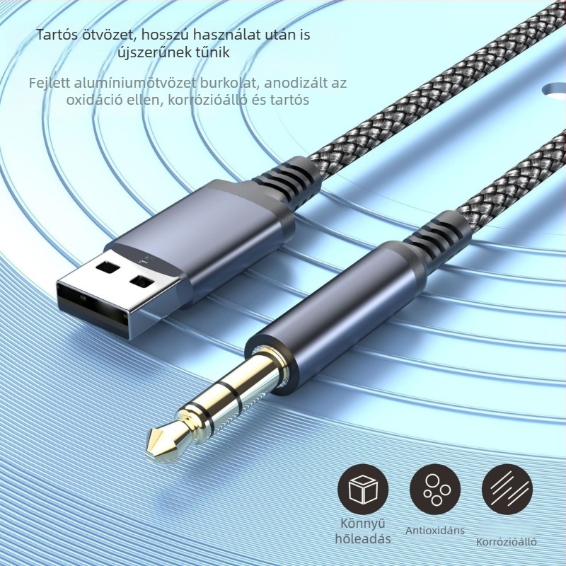 USB 3,5 mm-es audiókábel - aranyozott csatlakozók, fonott réz kábel, számítógépes perifériákhoz