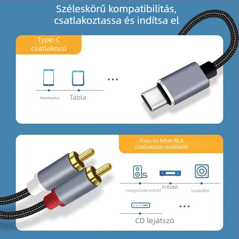 Type-C audio kábel, 1–2 osztó, 3,5 mm-től dupla RCA-ig, aranyozott csatlakozók, réz vezető